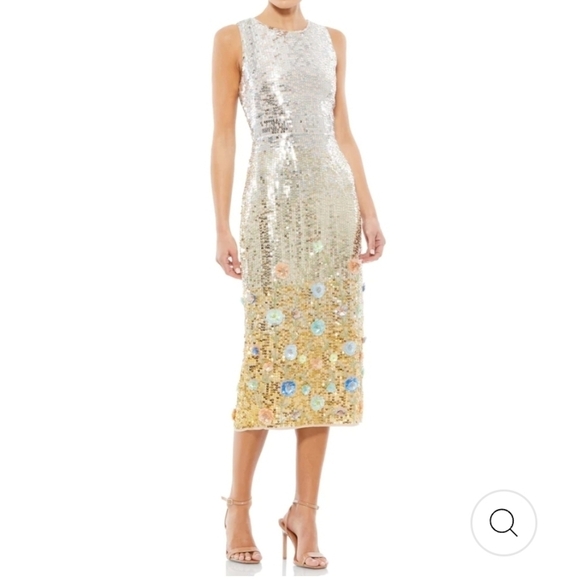 ❤️Mac Duggal 10691 Sleeveless Crew Neck Ombre Sequin Floral Midi Sheath Dress - Picture 1 of 11